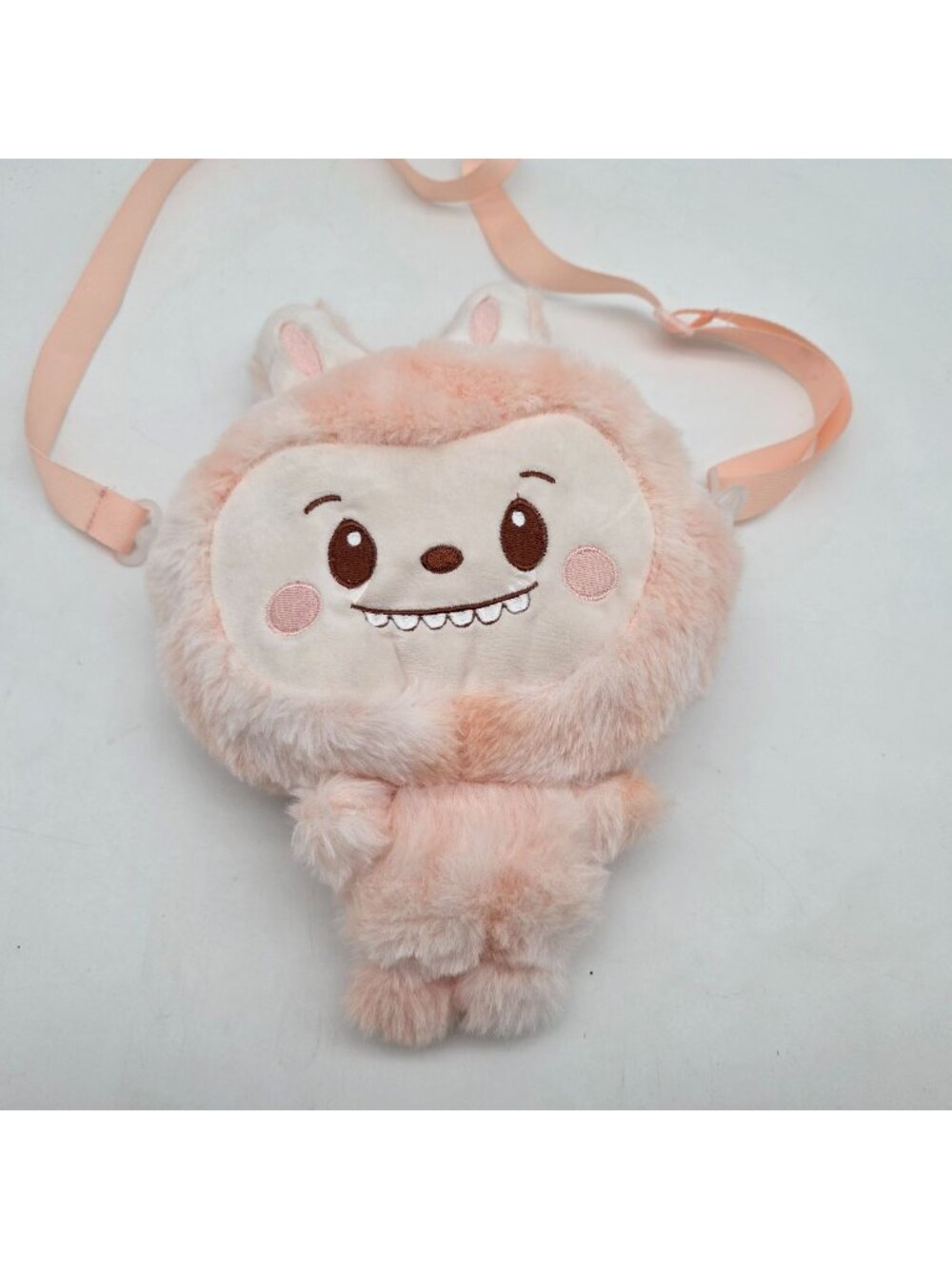 Cute Pink Plush Animal Bag With Adjustable Strap Toothy Smile 13"